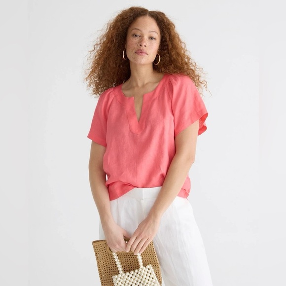 J.Crew Salmon Pink Flutter Sleeve Linen V Neck Top Size Medium - Picture 1 of 8